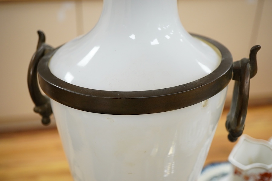 An Etruscan style opaque glass lamp and shade, 75cm high